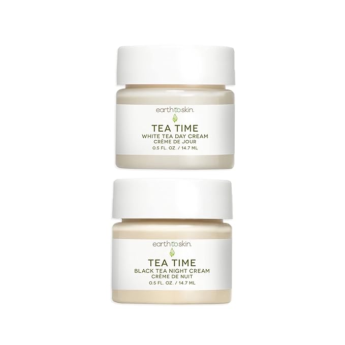 Earth To Skin Tea Time Mini Duo Set: White Tea Day Cream (0.5 Fl Oz) and Black Tea Night Cream (0.5 Fl Oz), All-Day & Night Hydration for Face and Neck (2 Pack)