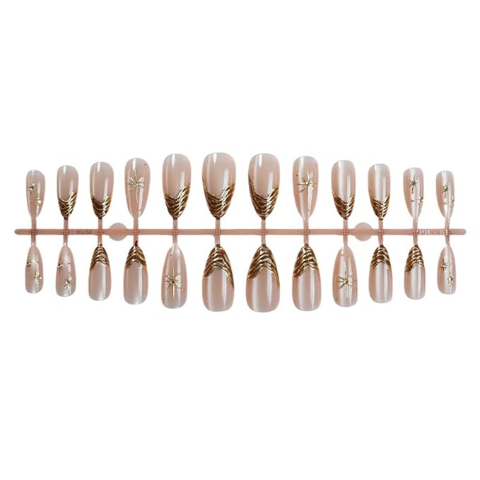 24Pcs Gold Press on Nails Medium Almond Fake Nails 3D Gold Chrome Rhinestone Design Stick on Nails French Tip False Nails Full Cover Acrylic Glue On Nail for Women Nail Art Decoration