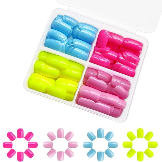 4 Packs 96Pcs Square Press on Nails Short Solid Fake Nails Glossy Shiny Acrylic False Nails Full Cover, Glue Stick On Nails for Women's Manicure