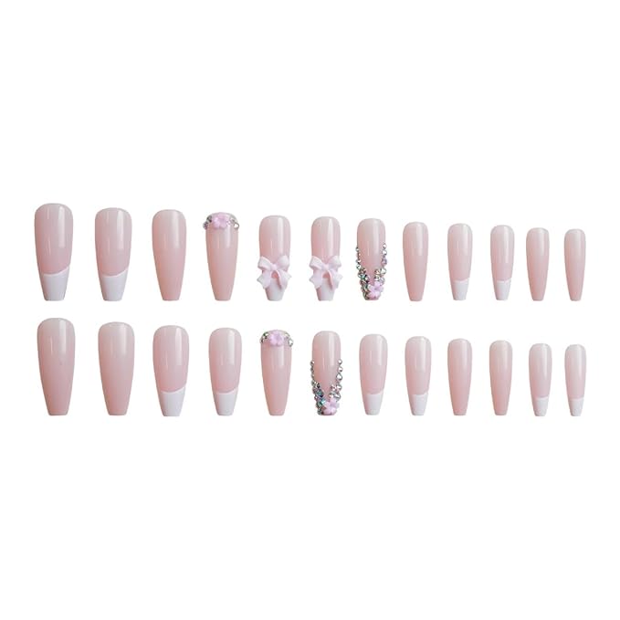 French Tip Press on Nails Long Square Fake Nails with 3D Bow Rhinestones Designs Glossy Cute False Nails Flower Charms Acrylic Nails Reusable Glue on Nails for Women Girls 24Pcs