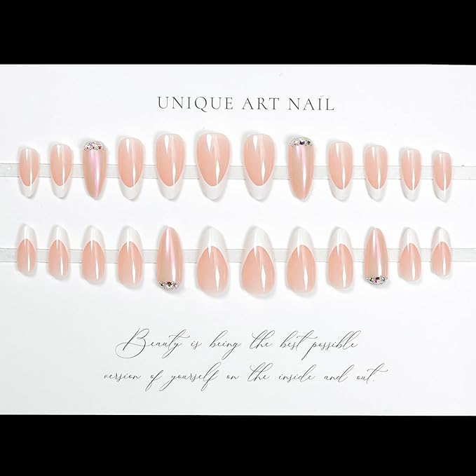 24Pcs White French Tip Press on Nails Short Almond Fake Nails Rhinestones Full Cover Tips Glue on Nails Chrome False Nails Artificial Matte Pink Stick on Nails for Women Girls Acrylic Manicure Salon
