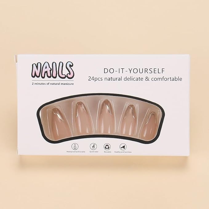 Gold French Tip Press on Nails Almond Fake Nails Full Cover Glossy Short Acrylic False Nails Press ons 3D Golden Line Glue on Nails for Women Nails Decoration 24Pcs