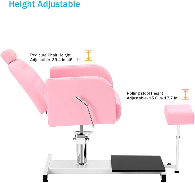 Reclining Pedicure Chair with Foot Massage Basin & Stool, Hydraulic Adjustable Pedicure Chair Station, 360° Rotation Beauty Spa Salon Unit Station Pink