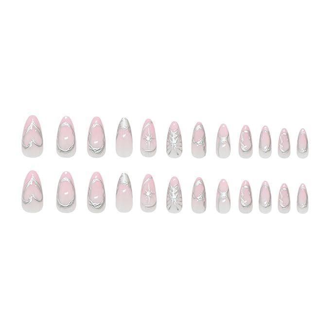 24Pcs French Tip Pink Press on Nails Medium Almond Fake Nails with Silver Star Heart Butterfly Design Full Cover Reusable Artificial Nails Stick on Nails False Nails for Women Acrylic Nail Decorations