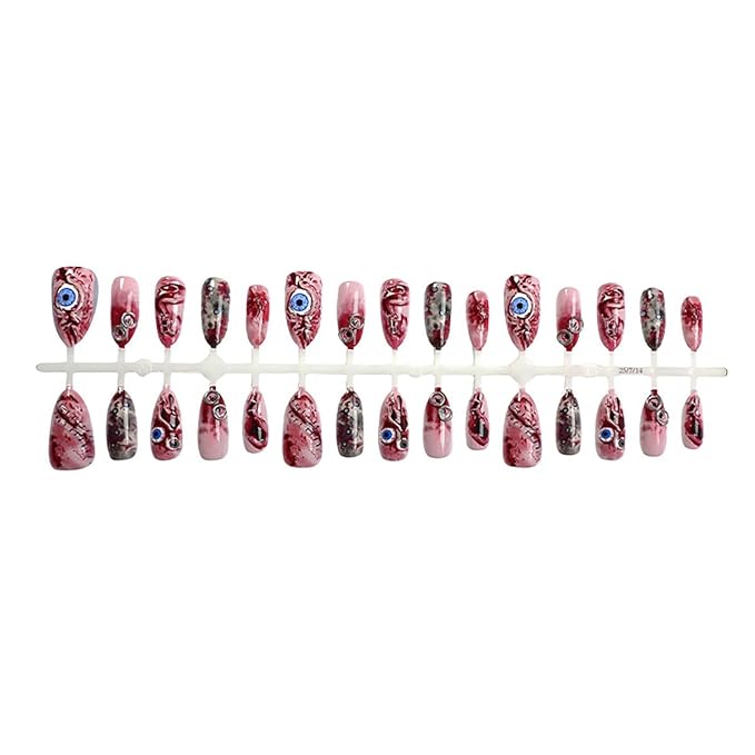 30Pcs Halloween Press on Nails Medium Almond Shaped Gothic Fake Nails Wound Stitch with Eye Red Full Cover Glue on Nails Artificial Reusable False Nails for Women Acrylic Manicure DIY