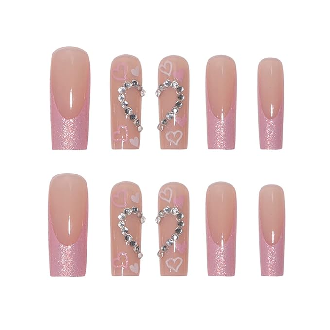 Glitter French Tips Press on Nails Long Square Fake Nails Pink Full Cover Acrylic False Nails with Rhinestone Heart Design Coffin Glue on Nails Artificial Nails for Women Girls Nail Decorations 24Pcs