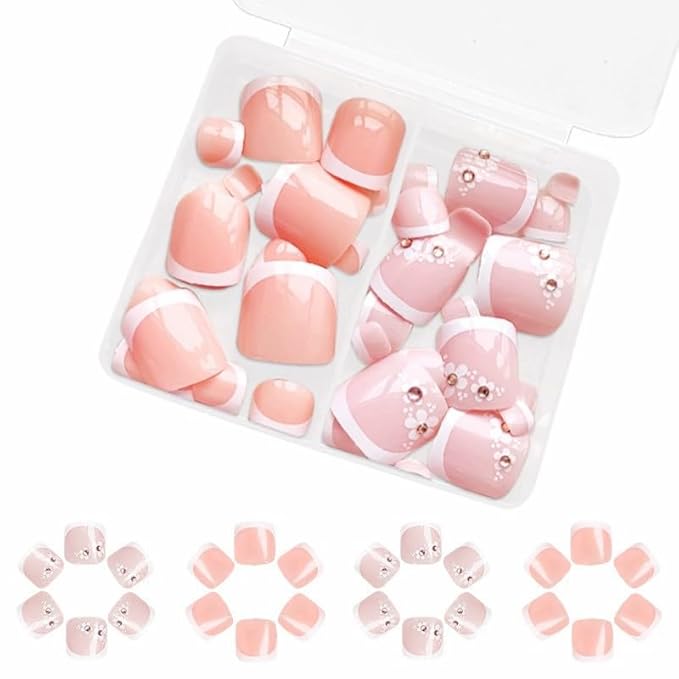 2 Packs 48Pcs French Tip Press on Toenails Short Square Fake Toe Nails Flowers Rhinestone Design Glossy Acrylic False Toenails Full Cover, Glue Stick On Nails for Women's Manicure