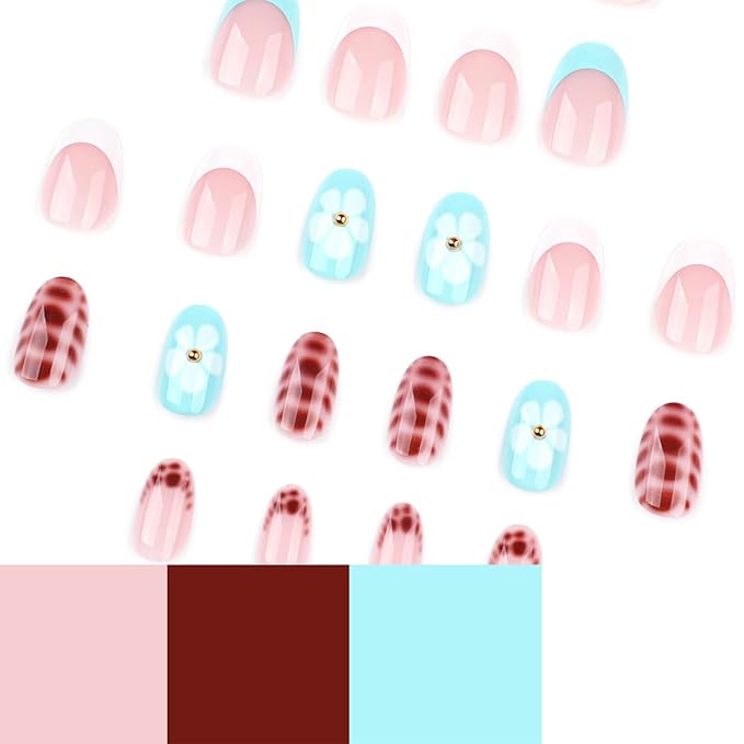 Almond Shaped Press on Nails Short Oval False Nails with Designs Blue White French Tips Glue on Nails Leopard Print Flowers Acrylic Nails Glossy Full Cover Stick on Nails for Women Manicure 24 Pcs
