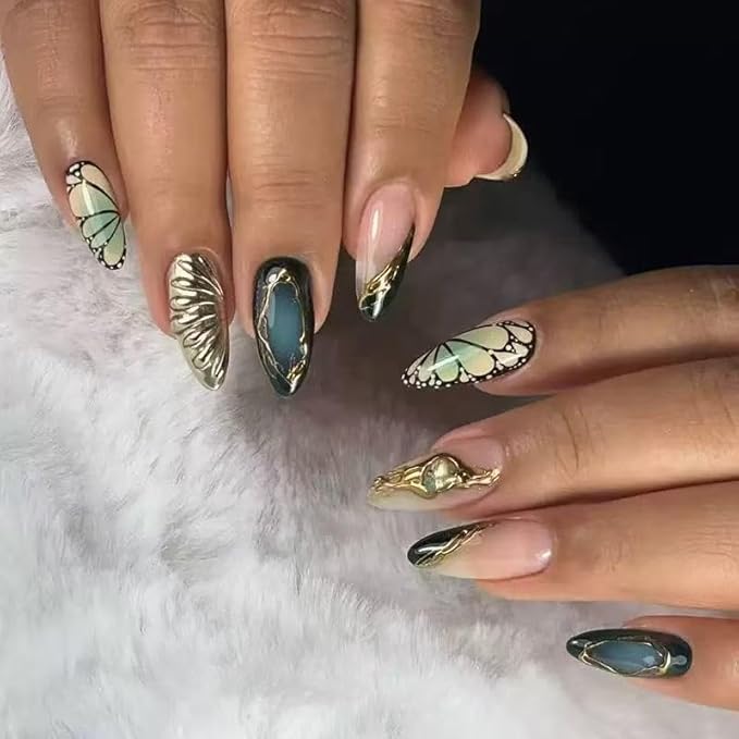 Press on Nails Almond Fake Nails Green Butterfly False Nails with Gold Line Design Medium French Acrylic Nails Glossy Glue on Nail Press ons for Women Manicure 24Pcs