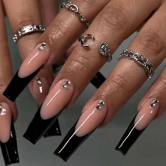Long Press on Nails Black Coffin French Fake Nails Full Cover Nude Acrylic False Rhinestone Nails for Women and Girls 24PCS