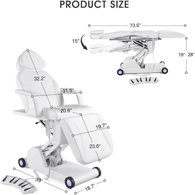 Artist hand 3 Motor Electrical Facial Bed for Esthetician 110V Removable Massage Table Led Light Beauty Bed Medical Aesthetic Tattoo Chair with Adjustments, Hand/Foot-Operated, White