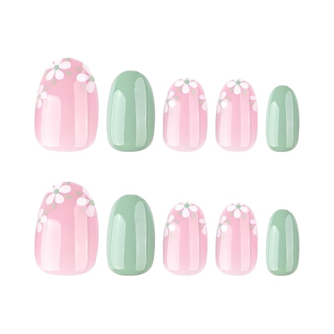 Short Oval Press On Nails green Pink False Nails with Flowe Finish Fashion Glossy Acrylic Press ons Nail Gel Stick On Nails Set Glue on Nails for Women & Girls, 24Pcs