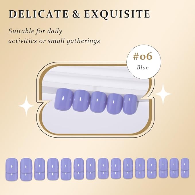 evpct Blue Glossy Press on Nails Short Square, Glossy Blue Fake Nails Summer Reusable, Acrylic False Nail Stick Glue on Press ons for Women Gifts, Perfectly Fit Durable False Nail Kit with Glue 30Pcs