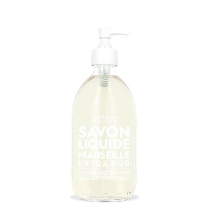 Compagnie de Provence Savon de Marseille Extra Pure Liquid Soap - Cotton Flower -16.7 Fl Oz Glass Pump Bottle and 33.8 fl oz Plastic Bottle Refill