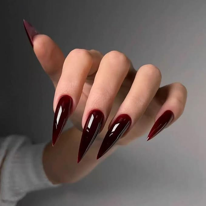 Almond Press on Nails Long Solid Wine Red Fake Nails Full Cover Glossy Stick on Reusable False Nails for Women 24 Pcs