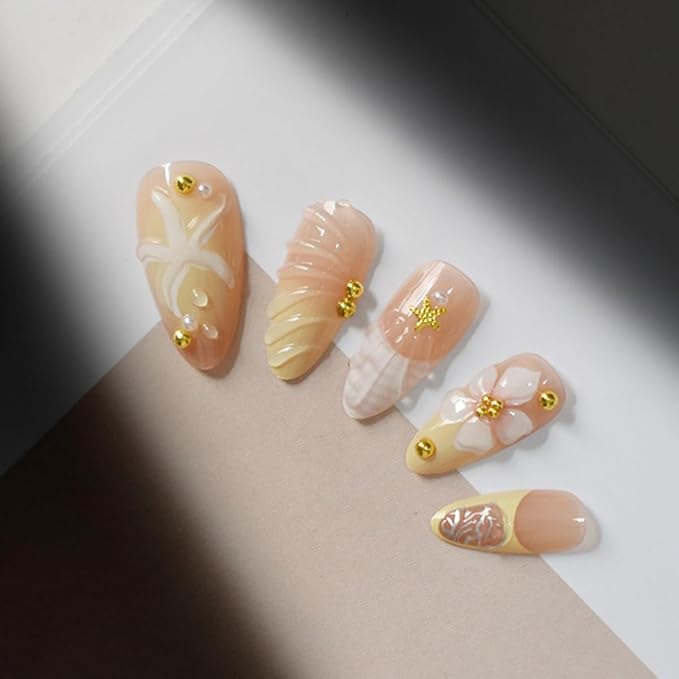 24Pcs Handmade Press on Nails Almond Medium Fake Nails with Gold Bead Starfish Charms Design Glossy Summer Glue on Nails 3D Flower Acrylic Nails Yellow Artificial French Tip Stick on Nails for Women