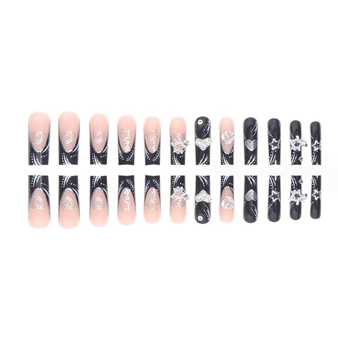 Press on Nails Long Rhinestone Fake Nails Black Square Bling Glossy Artificial Nails Finger Manicure for Women and Girls-24pcs (Long Nails 2)