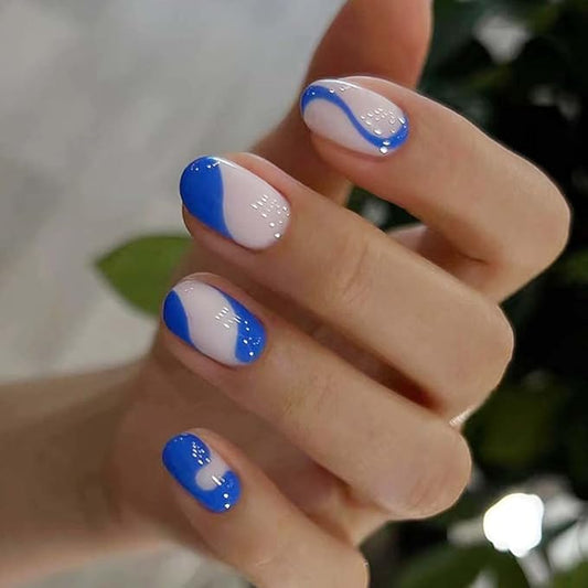 RikView French Tip Press on Nails Short Fake Nails Oval Blue Nails for Women with Swirls Design