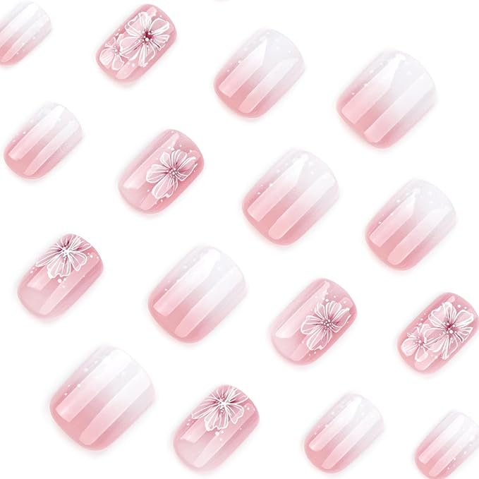 Flower Press on Nails Short Square Fake Nails Nude Pink with Cherry Floral Design Short Coffin False Nail Glitter Stick on Nails Summer Artificial Acrylic Glue on Nail for Women DIY Salon Nail Art