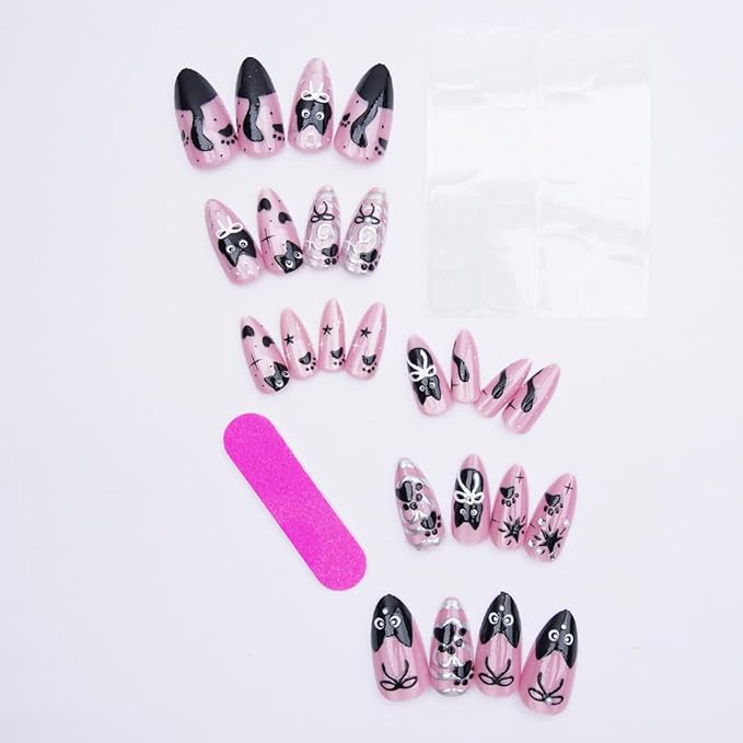 24Pcs Pink Press on Nails Medium Almond Halloween Fake Nails Cute Cat Black Bow False Nails with 3D Gems Designs Glossy Full Cover Glue on Nails Artificial Acrylic Stick on Nail for Women Girls DIY