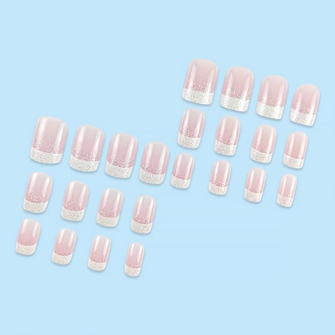 24Pcs White French Tip Press on Nails Short Square Fake Nails with Gradient Design Glossy False Nails Full Cover Artificial Glue on Nails Nude Stick on Nails Spring Summer Nail Supplies for Women DIY
