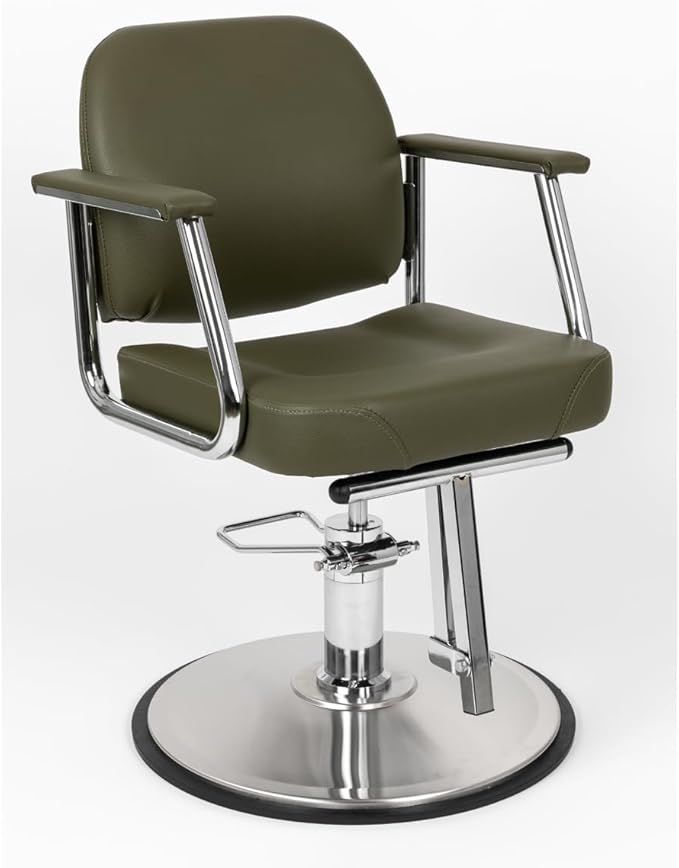 Zaria Wide Salon Styling Chair, Round Chrome 360° Swivel Hydraulic | Minerva Beauty (Olive Green)
