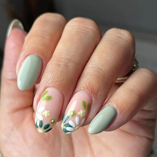 RikView Almond Press on Nails Medium Fake Nails with Flowers Design Green Nails for Women 24 PCs/Set