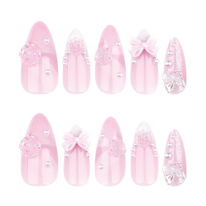 French Press on Nails Pink Medium, 3D Flower Fake Nails Almond Acrylic False Nails White,Artificial Nails for Women and Girls 24pcs