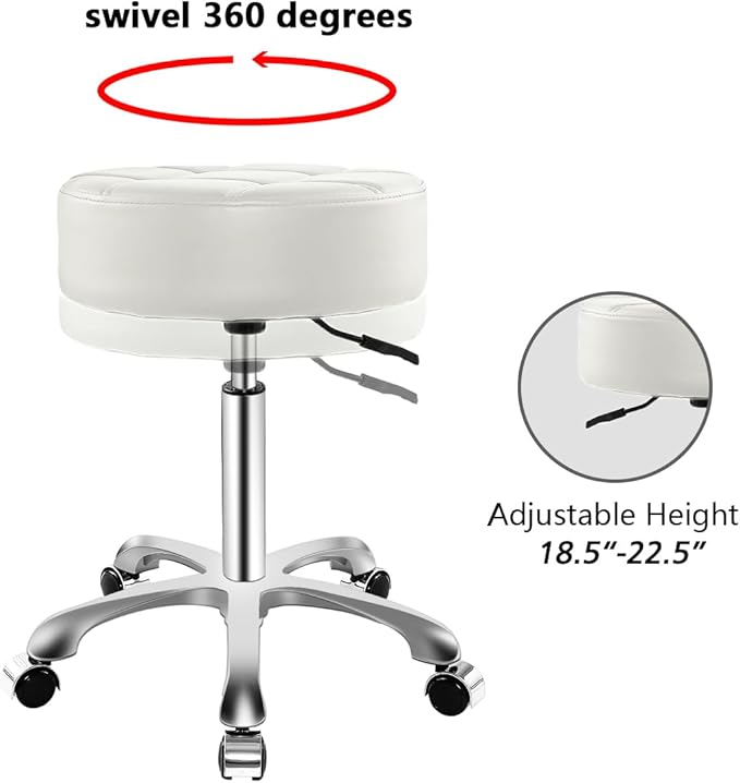 Rolling Stool with Wheels, Thick Cushion Heavy Duty Esthetician Hydraulic Chair Stool for Work Medical Tattoo Salon Office (White)