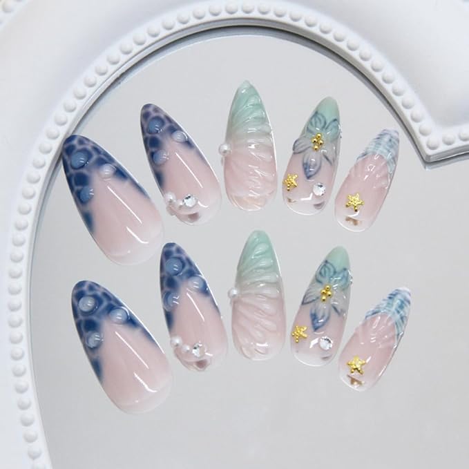 24Pcs 3D Flower Press on Nails Medium Almond Fake Nails with 3D Sparkling Diamond Pearl Gradient Starfish Designs Full Cover Blue Bubble Glue on Nails for Women Girls Acrylic Nails Decorations
