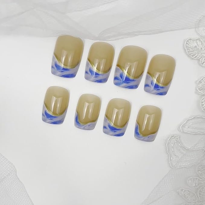 Gold Press on Nails Short Square Fake Nails Blue French Tip False Nails Wave Glossy Full Cover Acrylic Nails Summer Glue on Nail Artificial Cute Stick on Nail for Women Manicure 24Pcs