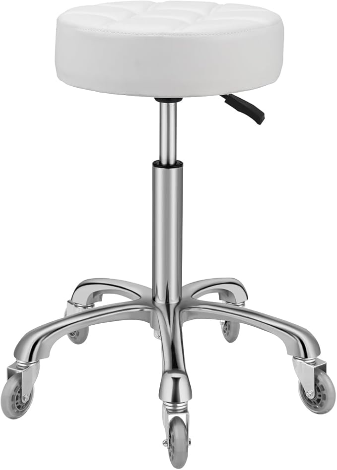 Kaleurrier Adjustable Rolling Stool for Salon: Heavy Duty Swivel Chair with Wheels for Hairdresser Esthetician Dentist - Spa Home Office Kitchen Dental Tattoo Shop Use - Seat Height 22”-30” - White