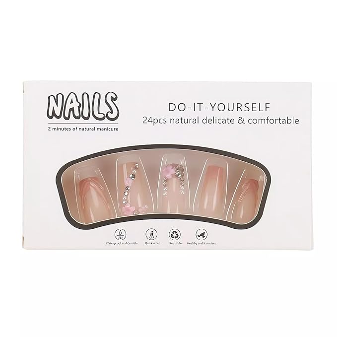 3D Press on Nails Long Square Fake Nails with Rhinestone Accents and Floral Designs Glossy Pink French Tip Glue on Nails Spring Flower Stick on Nails for Women Girls, 24 Pcs