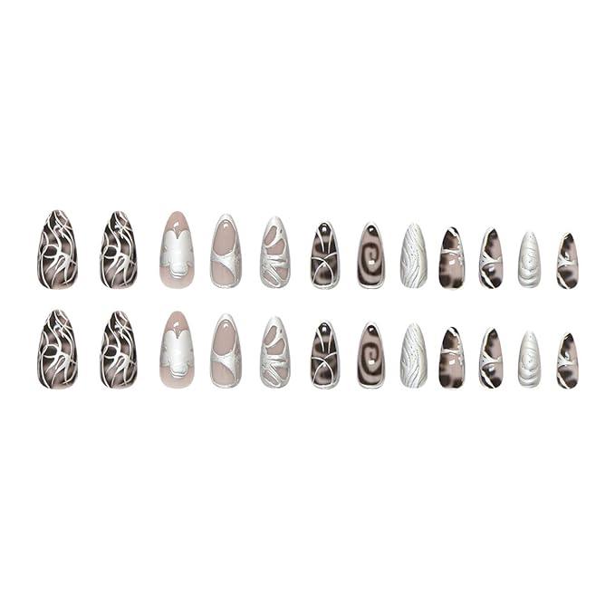3D Silver Press on Nails Medium Almond Fake Nails with Metallic Line Designs Y2k Nails Chrome False Nails Gothic Glue on Nails Black Leopard Print Artificial Full Cover Stick on Nails for Women 24Pcs