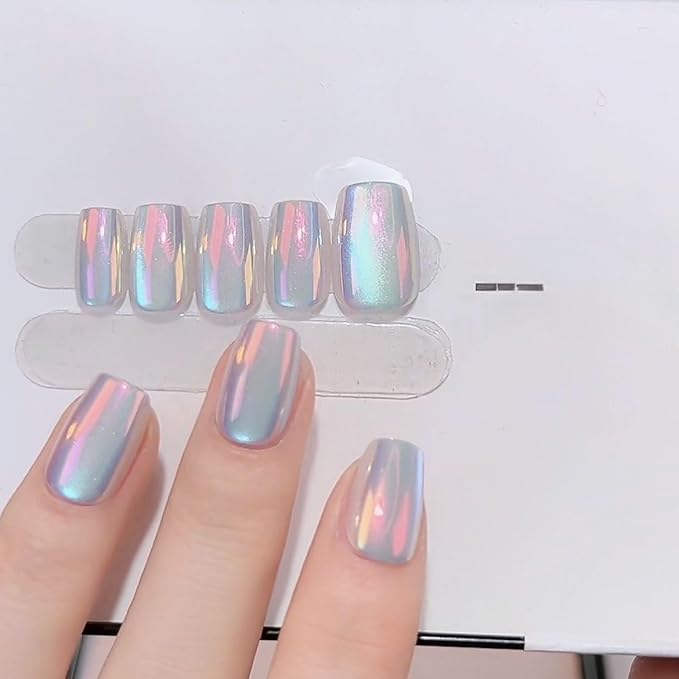 Chrome Press on Nails Short Square Fake Nails Metal Mirror Designs Glossy Acrylic Nails Blue Squoval Press ons Ombre Glue on Nails Stick on Nails for Women Girls Manicure 24 Pcs, Style 28