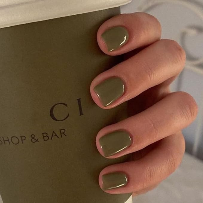 KQueenest Olive Green Press on Nails Short Square, Glazed Acrylic Nails Press on Solid Color, Natural Fake Nails Short, Reusable Stick on Nails for Women Finger Wear 24 Pcs