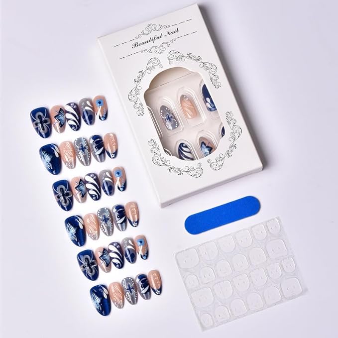 Long Almond Shape Press on Nails Blue Floral Fake Nails Stick on Nail for Women 24pcs
