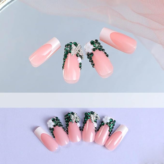 Pink French Fake Nails, Medium Rhinestone Square Bling White Glossy False Nail Tips, Artificial Luxury Finger Manicure for Women and Girls, 24pcs