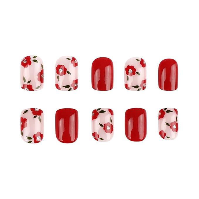 Small Flower Press on Nails Short Square Fake Nails Glossy Red False Nails with Cute Flowers Designs Full Cover Glue on Nails Spring Summer Acrylic Nails Short Floral Artificial Nails for Women 24PCS