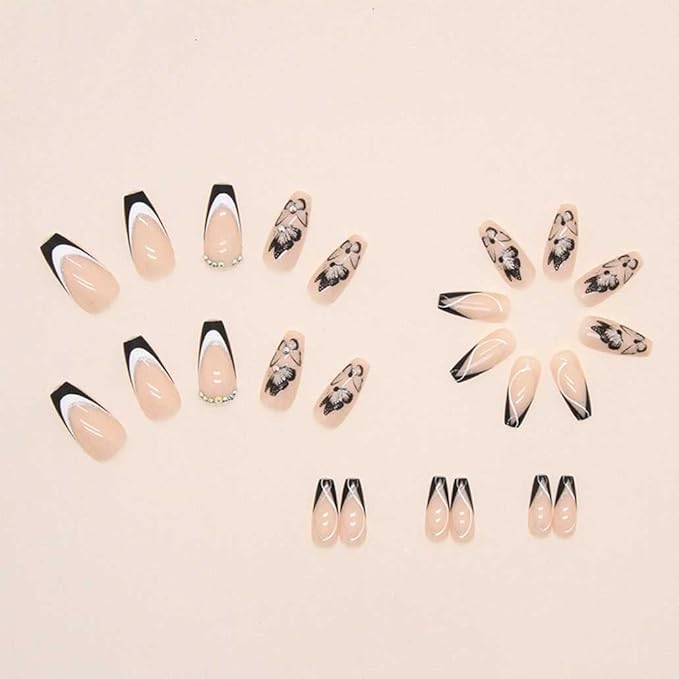 French Black Press on Nails Medium, Butterfly Fake Nails Nude Coffin Acrylic False Nails,Artificial Nails for Women and Girls-24pcs