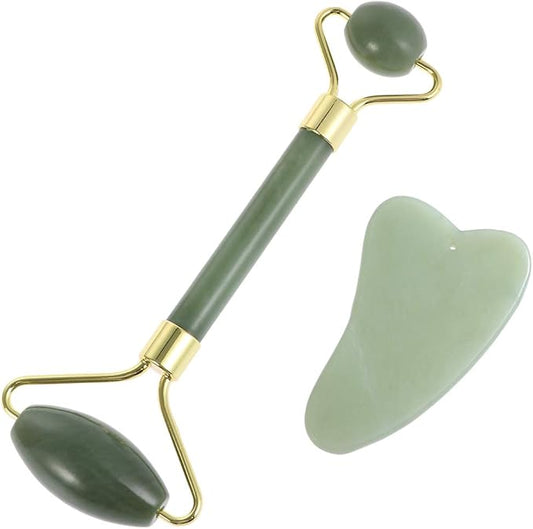 rosenice Gua Sha Facial Tools Guasha Tool Gua Sha Jade Stone for Face Skincare Facial Body Acupuncture Relieve Muscle Tensions Reduce Puffiness Festive Gifts (Green-Set)