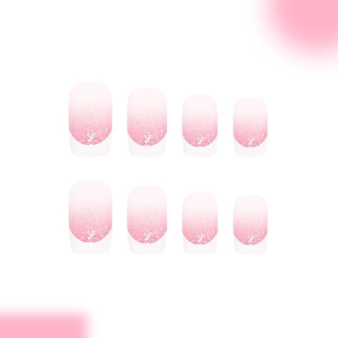 French Tip Press on Nails Short Square Fake Nails with Designs Shiny Glitter False Nails Pink Gradient Glossy Full Cover Ombre Acrylic Glue on Nails Bling Artificial Stick on Nails for Women 24 Pcs
