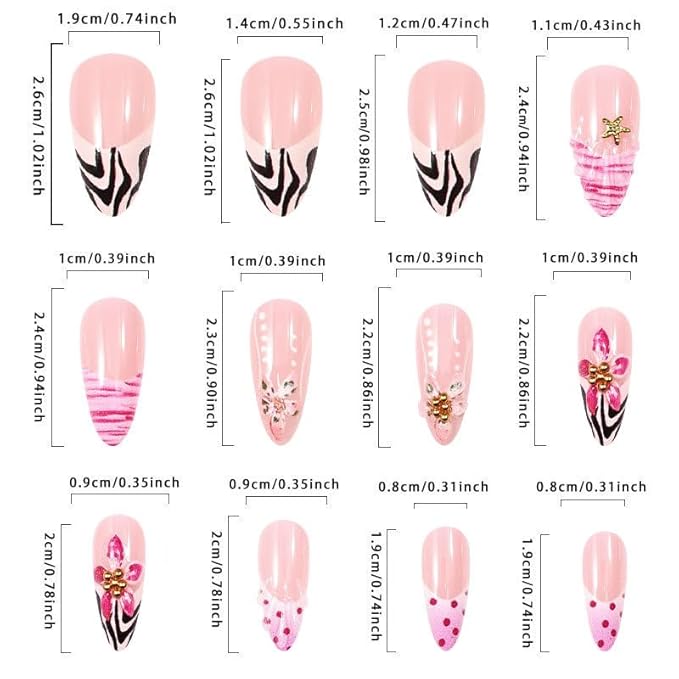 Long Almond Press on Nails Light Pink Fake Nails Floral Gold False Nail Stick on Nail for Women 24pcs