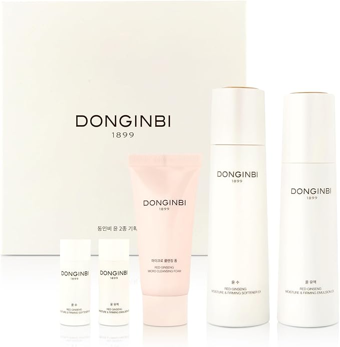 Donginbi Red Ginseng Moisturizing & Firming Skin Care Set - Hydrating Toner for Dry Skin (5.07 floz), Korean Red Ginseng Essence (4.39 floz), Firming Cream, Korean Skin Care Gifts for Women