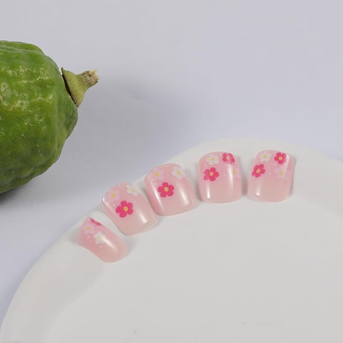 Summer Press on Nails Short Square, Pink Fake Nails with Cute Blossom Designs, Glossy Gel Finish Acrylic Nails, Thick Natural Reusable Glue on Nails Kit for Women, 15 Sizes - 30Pcs, Sweet Bloom