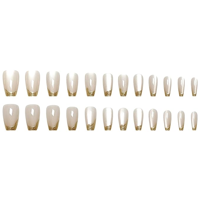 Gold French Tip Press on Nails Square Medium Fake Nails Glitter Designs Glue on Nails Nude Full Cover Stick on Nails 3D Gold Chrome French Nail Tips False Nails for Women Girls Manicure 24Pcs