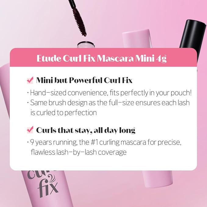 ETUDE Curl Fix Mascara Mini, Lash Mascara, Strong Curl Up, Long-Lasting, Waterproof, Lightweight, Korean Makeup, Beauty, Vegan Certified, Volume (0.14 Fl Oz)