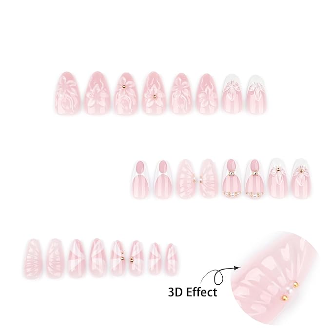 24Pcs White French Tip Press on Nails Medium Almond Fake Nails with Seashell Designs 3D Flower Acrylic Nails Gold Rhinestones Stick on Nails Summer False Nails Cute Ribbon Glue on Nails for Women