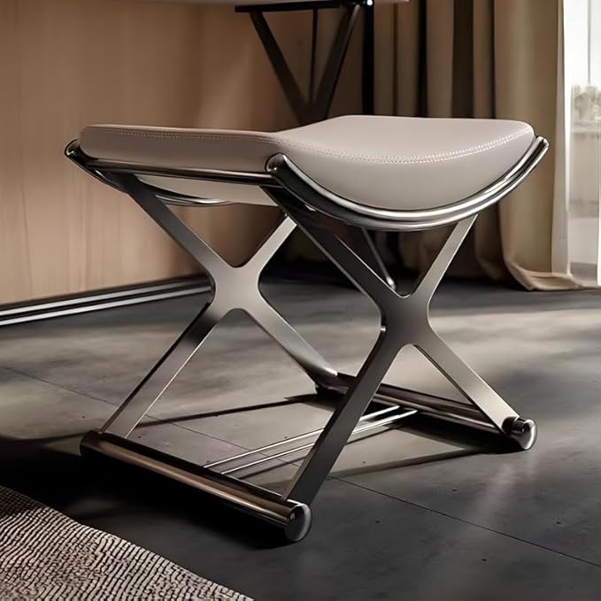 Luxury Modern Vanity Stool with Gold X-Frame Metal Legs, Cream Leather Ottoman Bench Seat for Bathroom, Living Room, Makeup, 17.72 x 14.96 inches (Black)