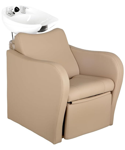 Buy-Rite Lexus Backwash Unit - Professional Salon Shampoo Chair w/Tilting Porcelain Bowl, Wide Seat, Kick-Out Legrest, Single Handle Faucet & Neck Rest – Sand Vinyl w/White Bowl, TS-8018B